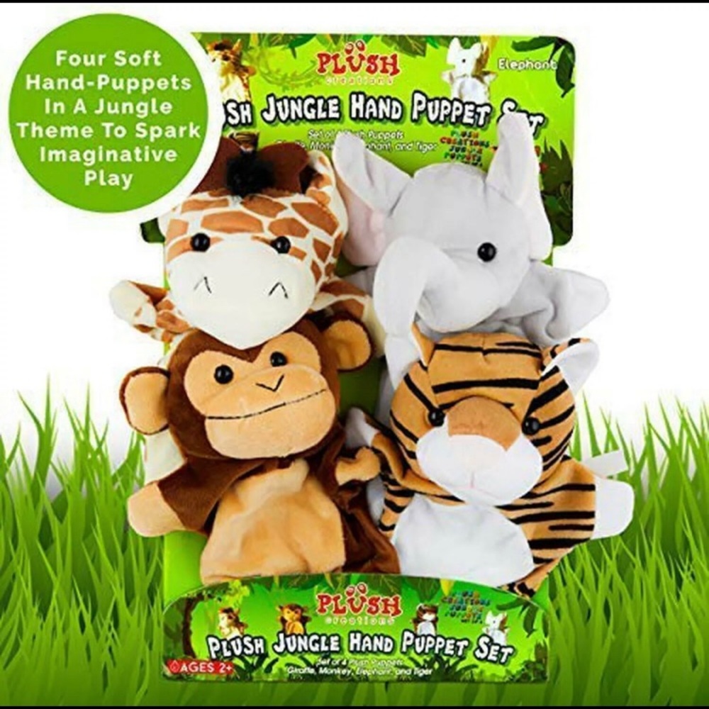 Plush Hand Puppets Set of 4 Jungle Friends,Elephant, Giraffe,Tiger,Monkey